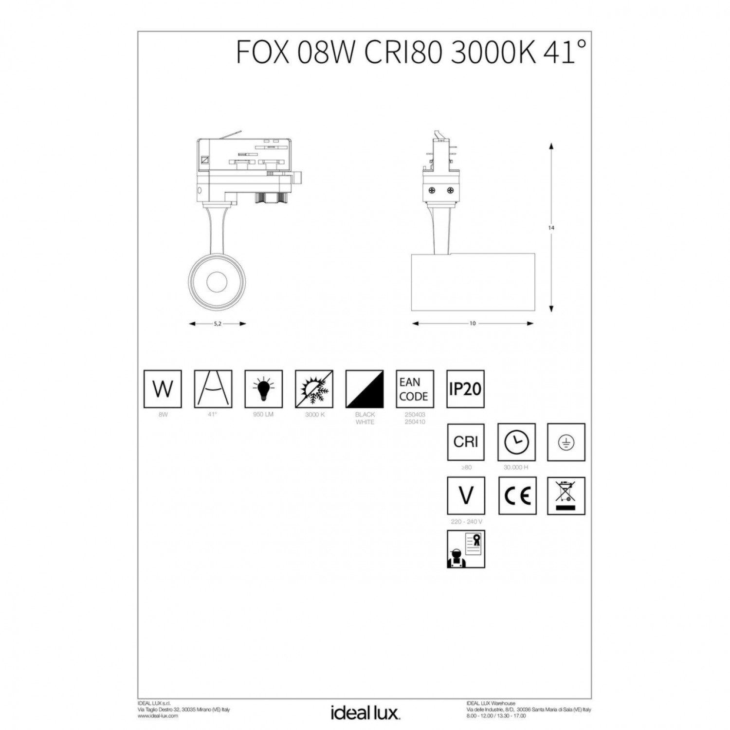 Трековый светильник Ideal Lux FOX 08W CRI80 41° 3000K WH 250410