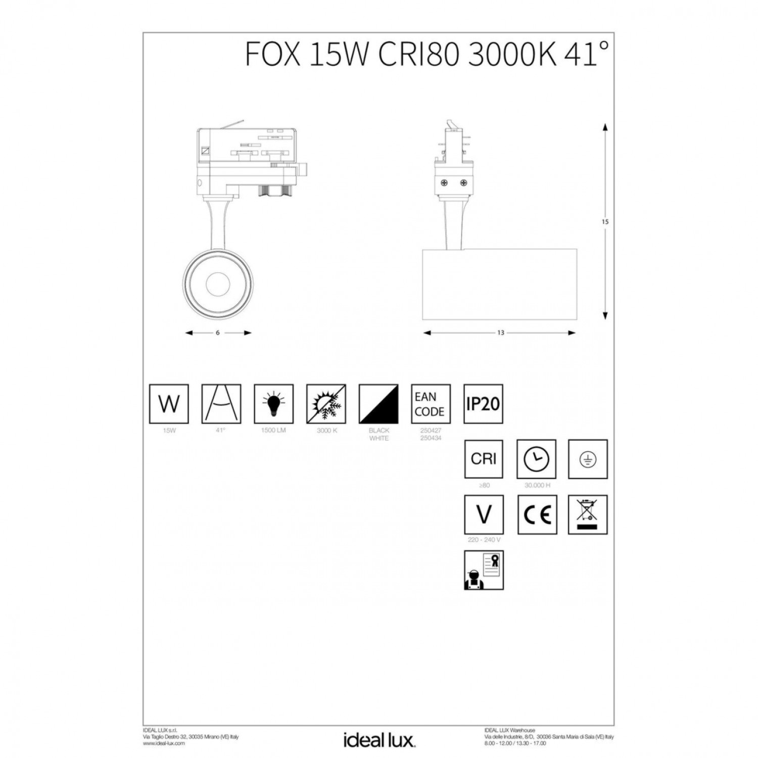 Трековый светильник Ideal Lux FOX 15W CRI80 41° 3000K WH 250434