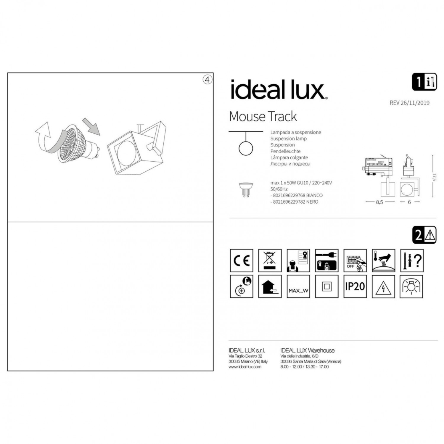 Трековый светильник Ideal Lux MOUSE TRACK NERO 229782