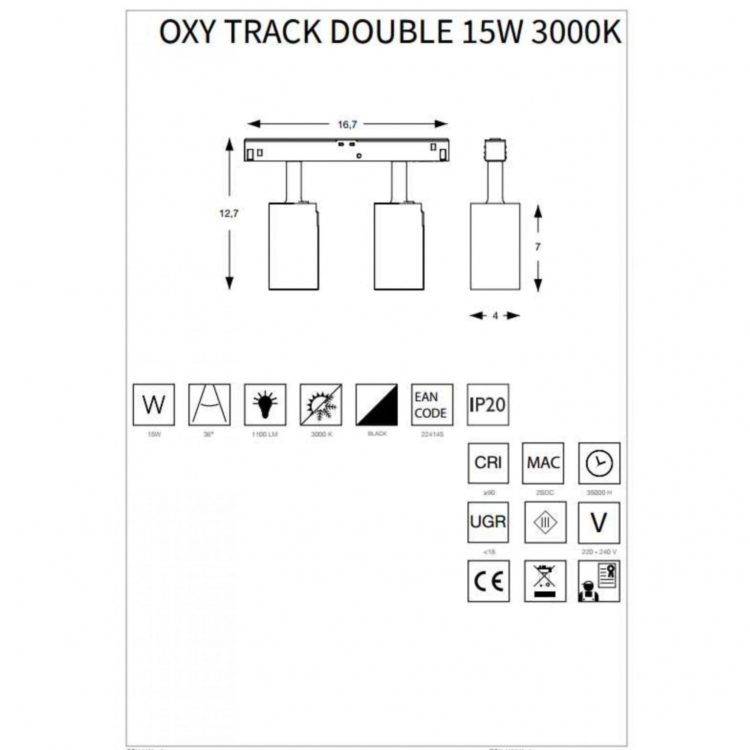 Трековый светильник Ideal Lux OXY TRACK DOUBLE 15W 3000K WH 248868