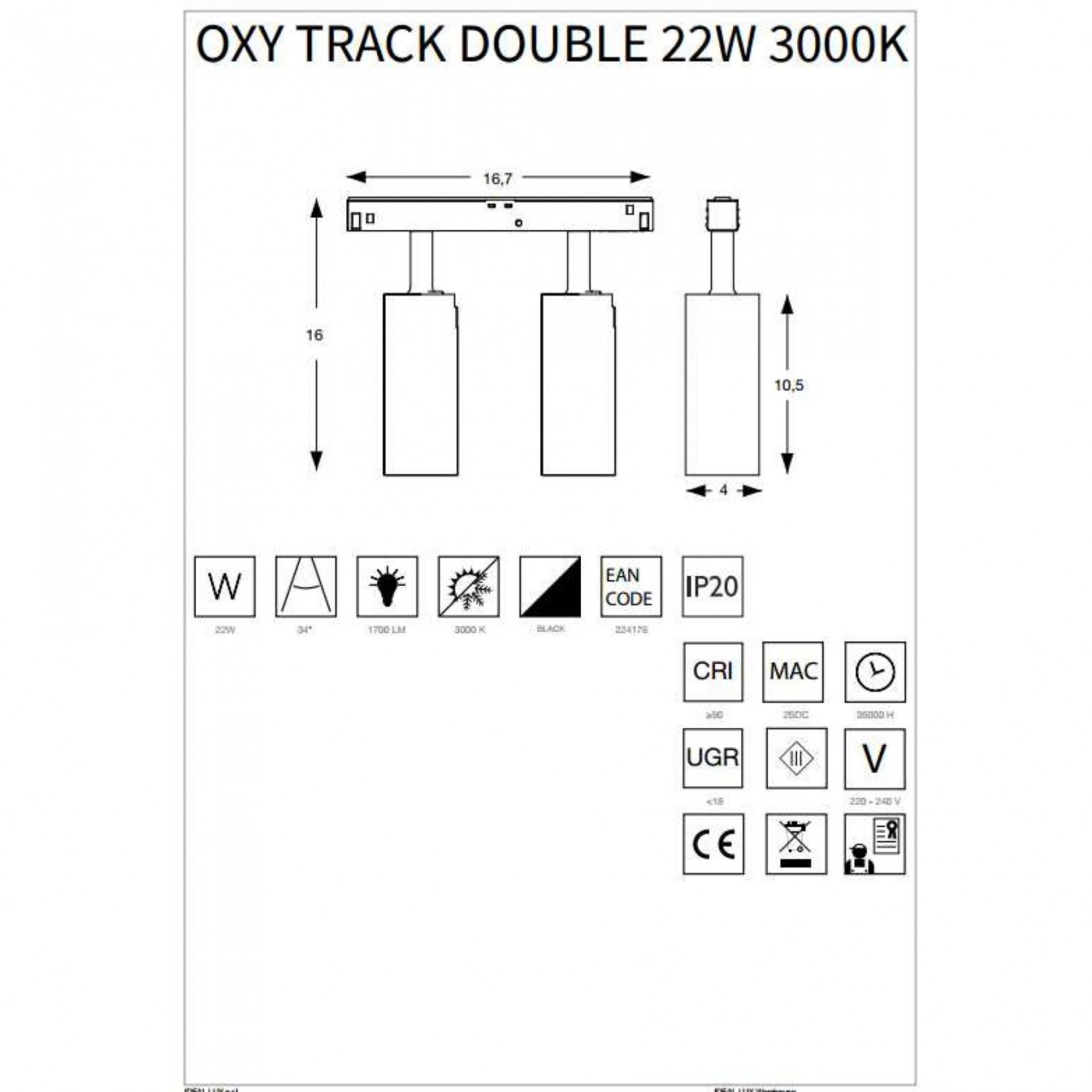 Трековий світильник Ideal Lux OXY TRACK DOUBLE 22W 3000K BK 224176