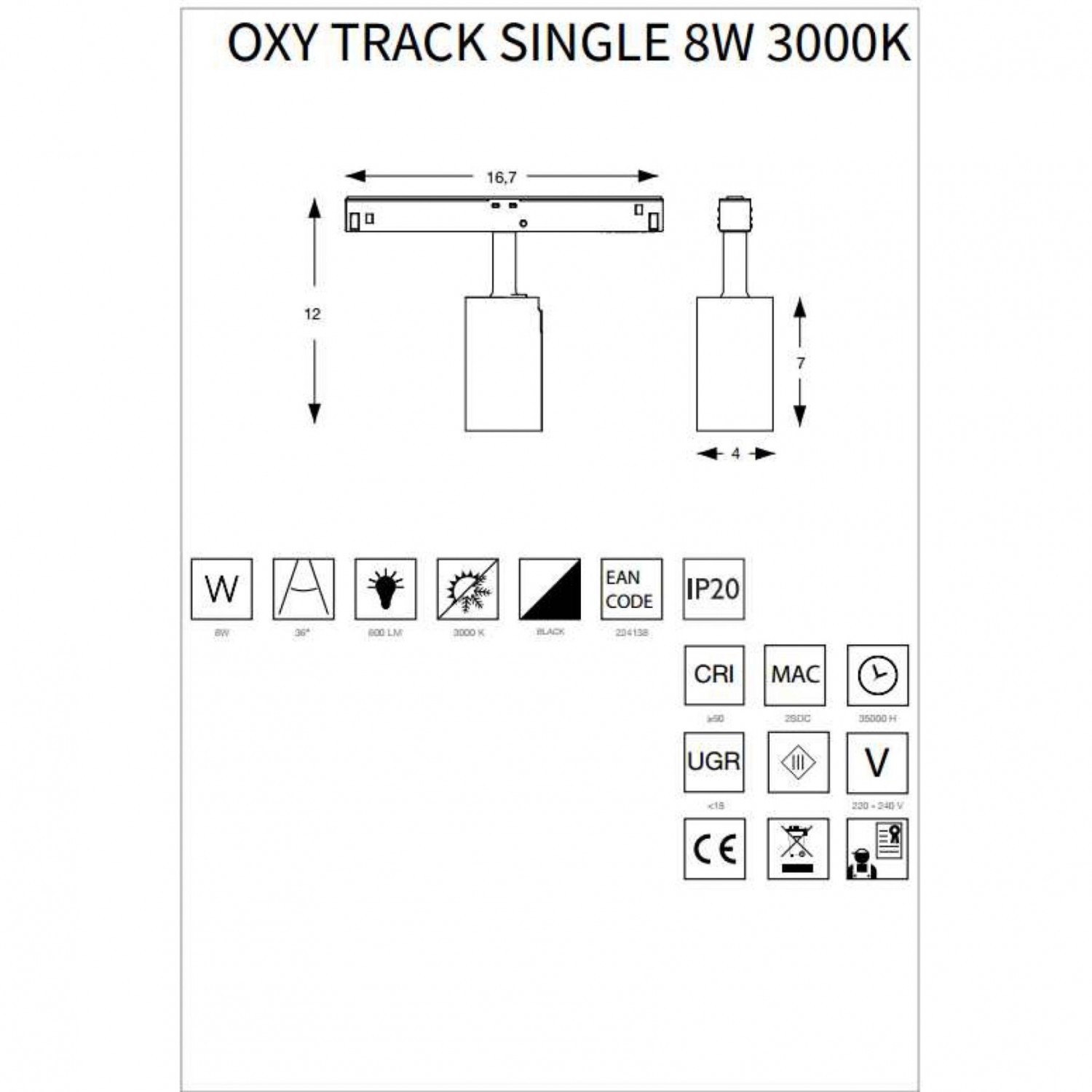 Трековый светильник Ideal Lux OXY TRACK SINGLE 08W 3000K BK 224138