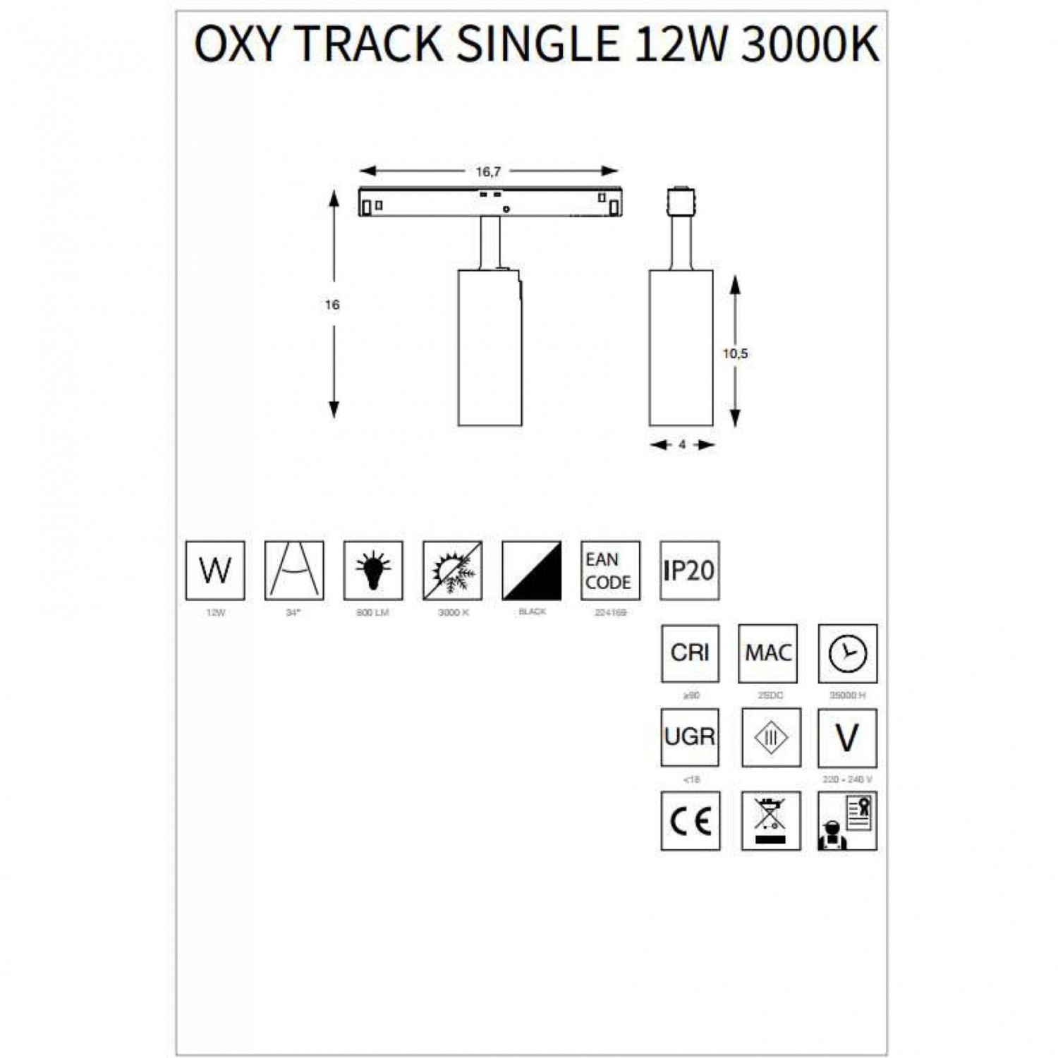 Трековый светильник Ideal Lux OXY TRACK SINGLE 12W 3000K BK 224169