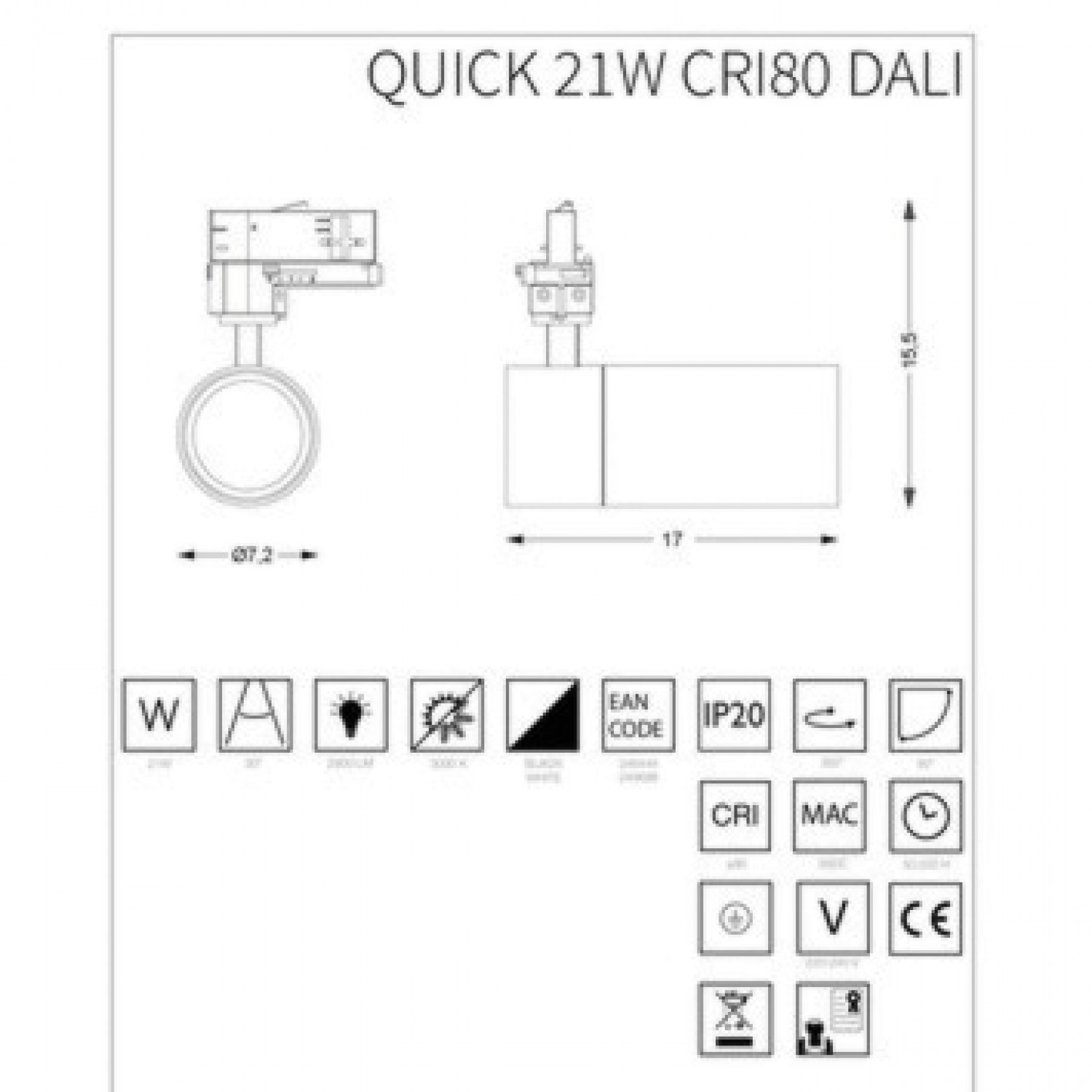Трековый светильник Ideal Lux QUICK 15W CRI80 30° 3000K BK DALI 246437