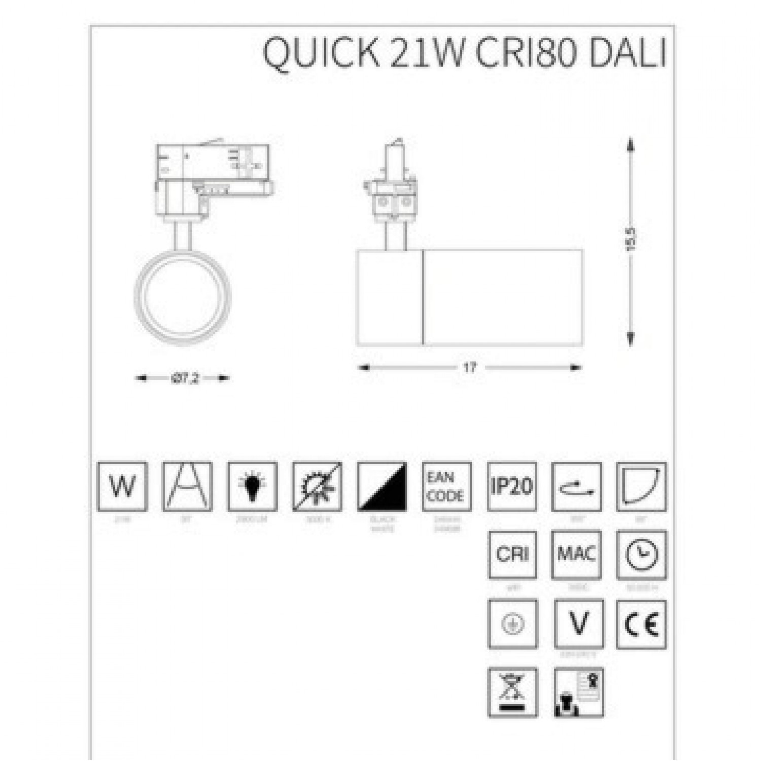 Трековий світильник Ideal Lux QUICK 15W CRI80 30° 3000K WH DALI 249681