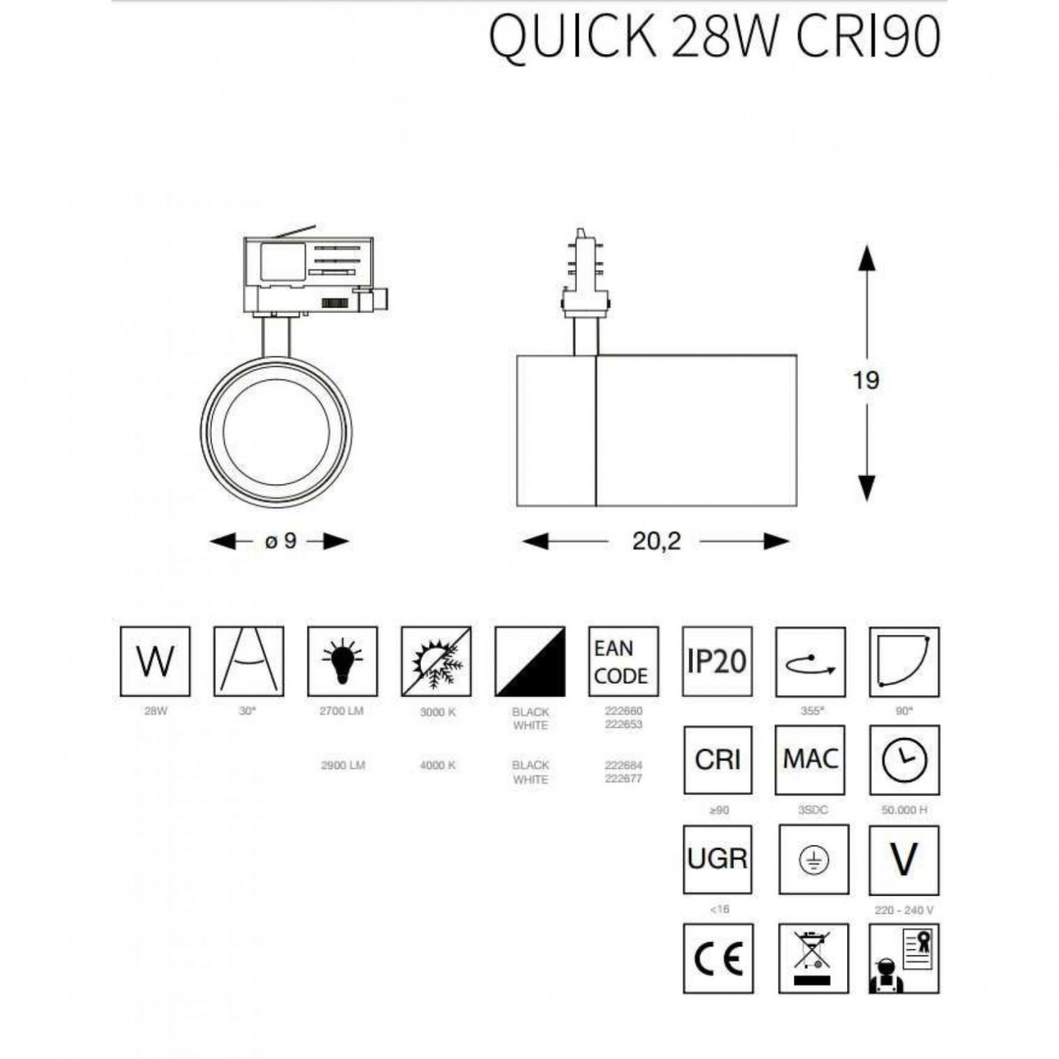 Трековый светильник Ideal Lux QUICK 28W CRI80 30° 3000K BK 1-10V 247885