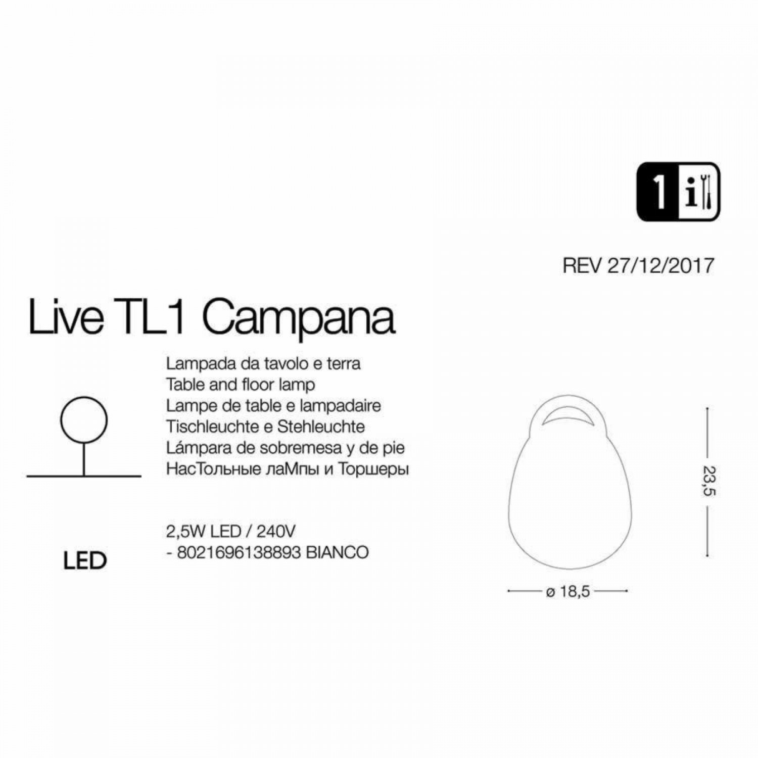 Вуличний світильник Ideal Lux LIVE PT CAMPANA 138893