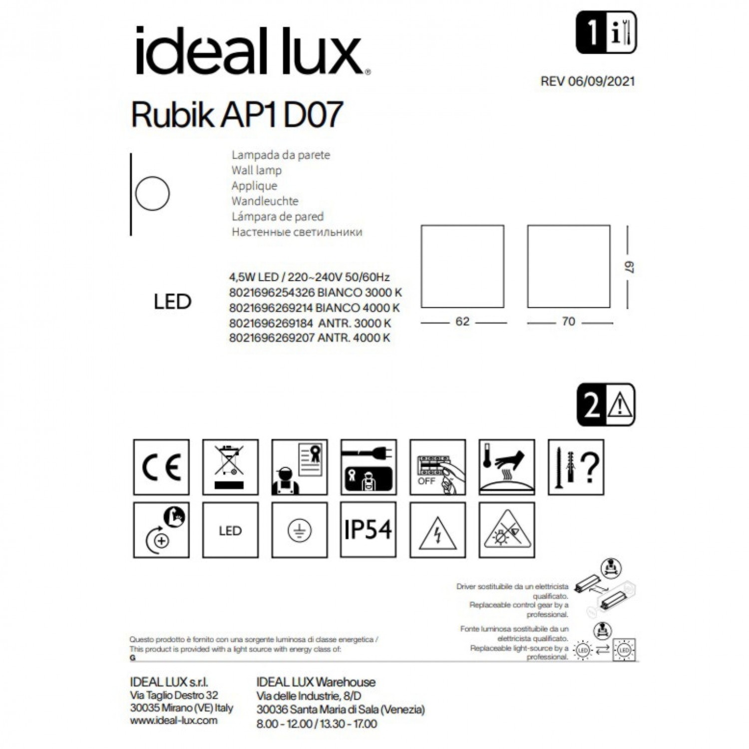 Вуличний світильник Ideal Lux Rubik ap1 d07 4000k 269207