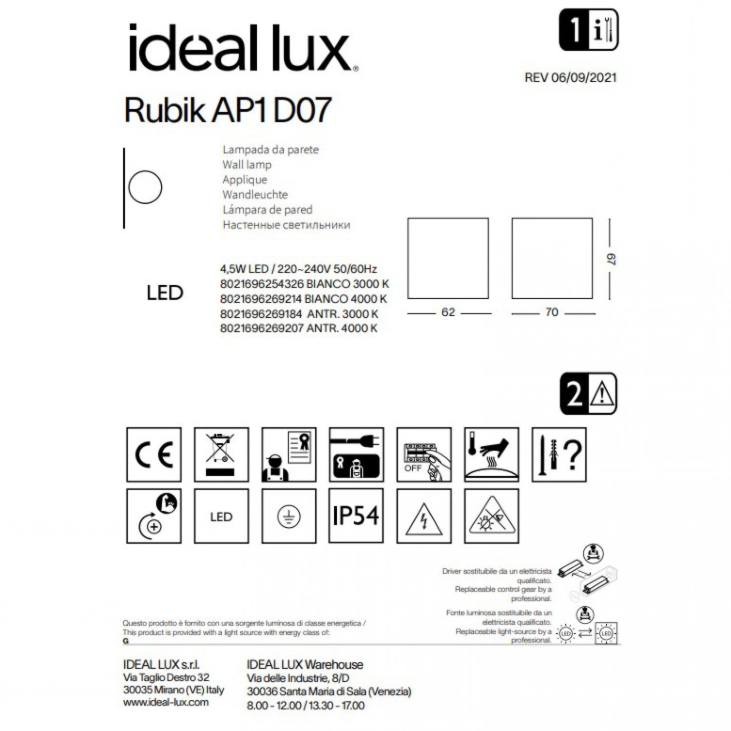 Уличный светильник Ideal Lux Rubik ap1 d07 4000k 269214