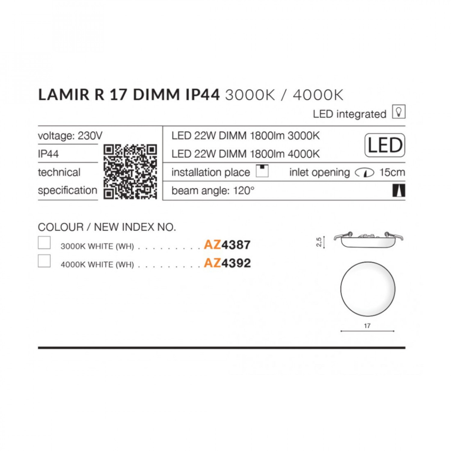 Точечный светильник AZzardo LAMIR R 17 4000K DIMM AZ4392