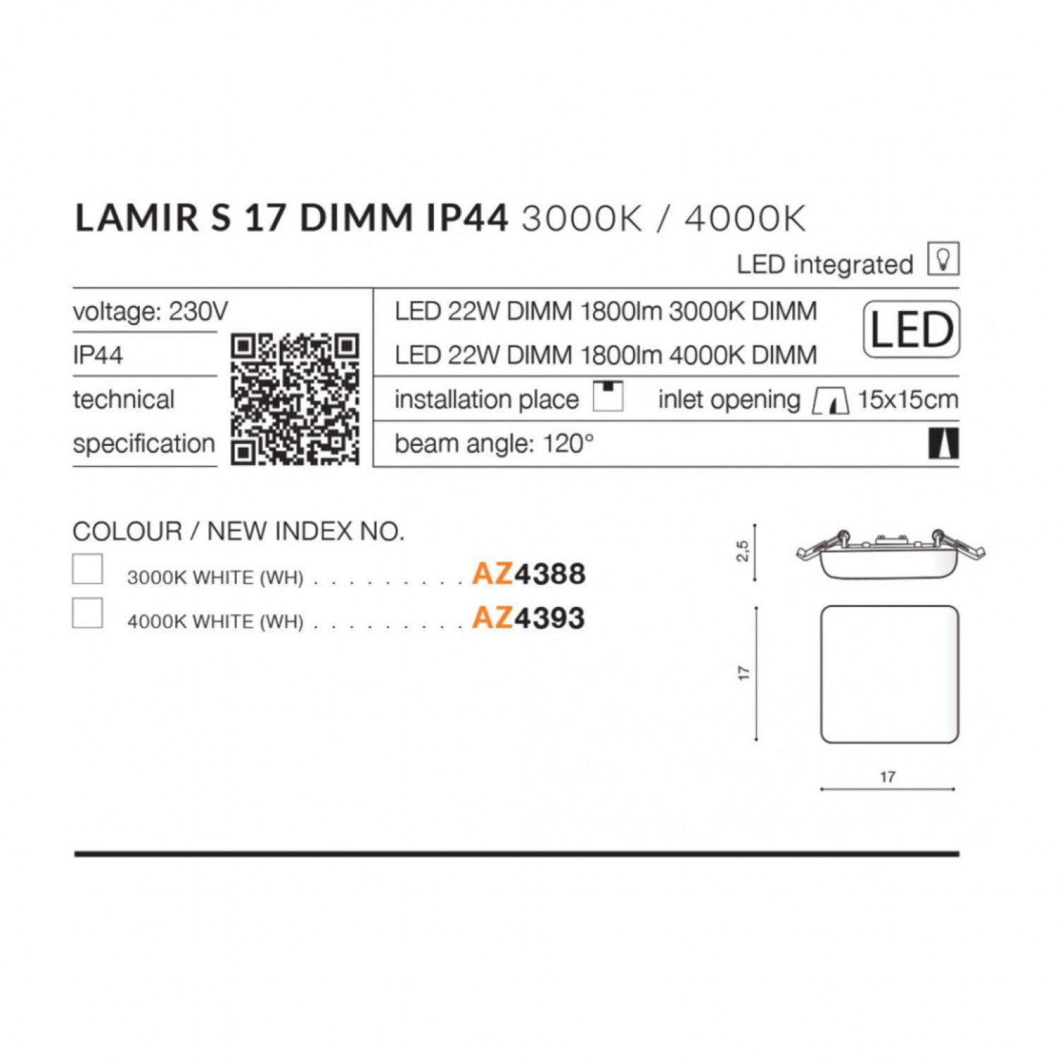 Точечный светильник AZzardo LAMIR S 17 3000K DIMM AZ4388