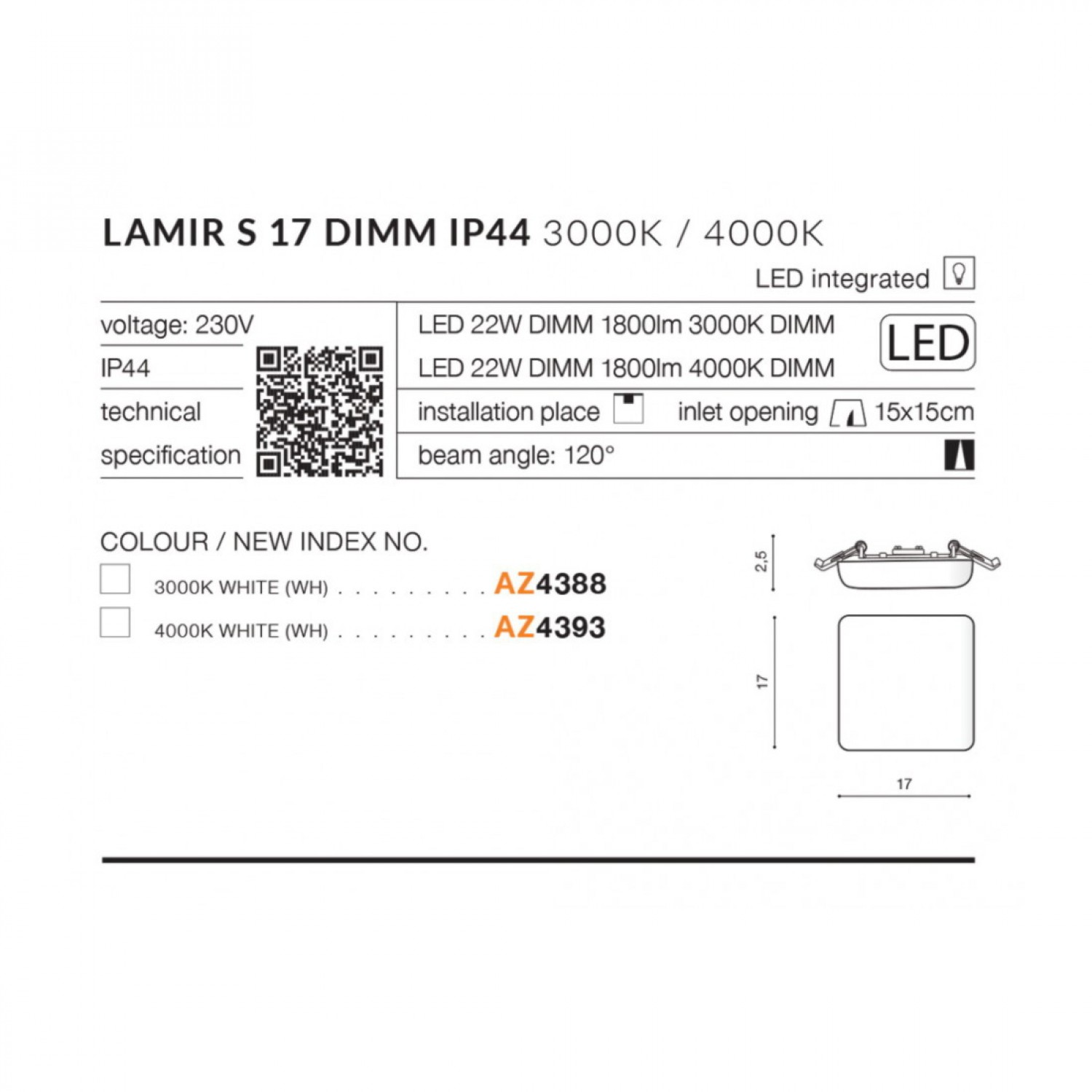 Точечный светильник AZzardo LAMIR S 17 4000K DIMM AZ4393