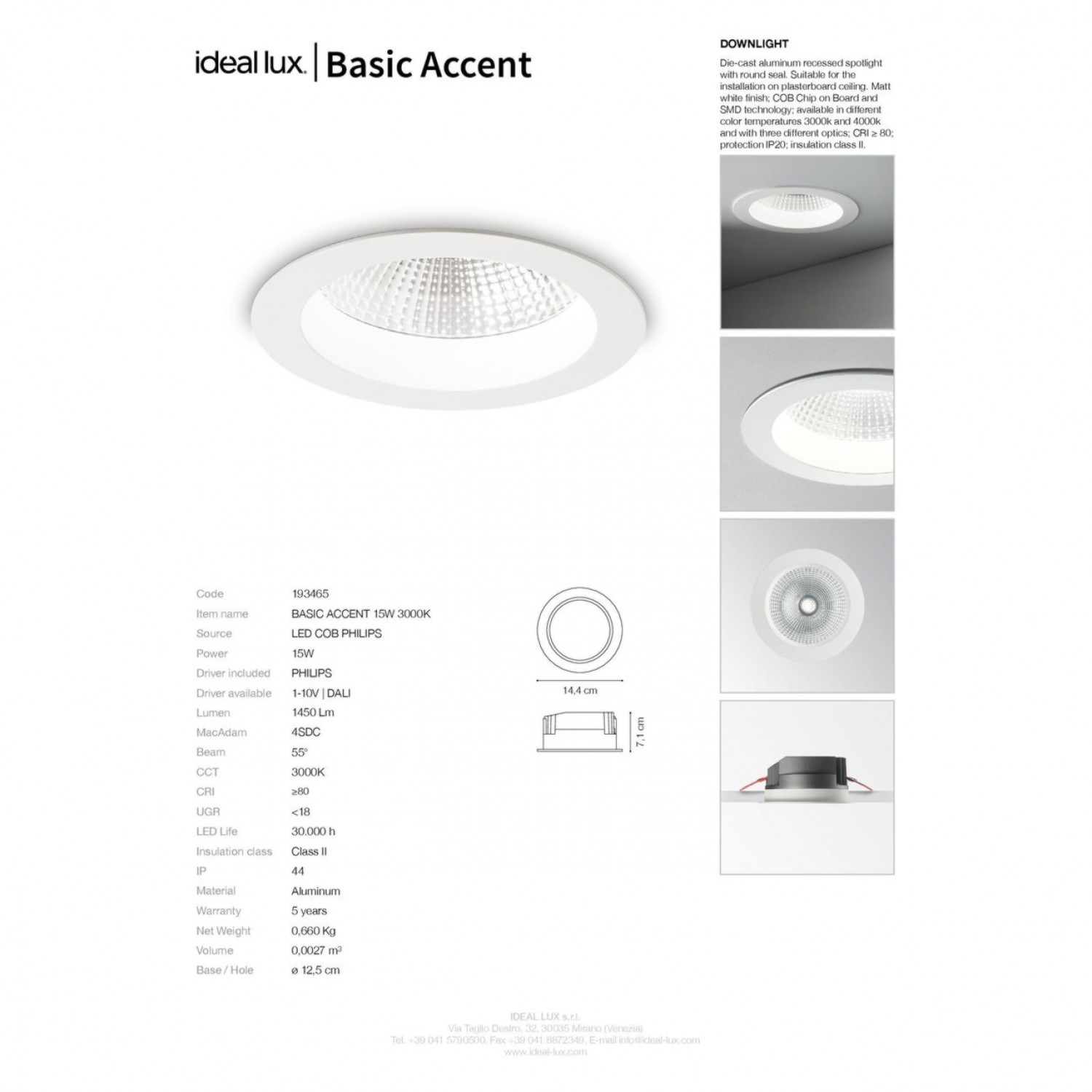 Точечный светильник Ideal Lux BASIC ACCENT 15W 3000K 193465
