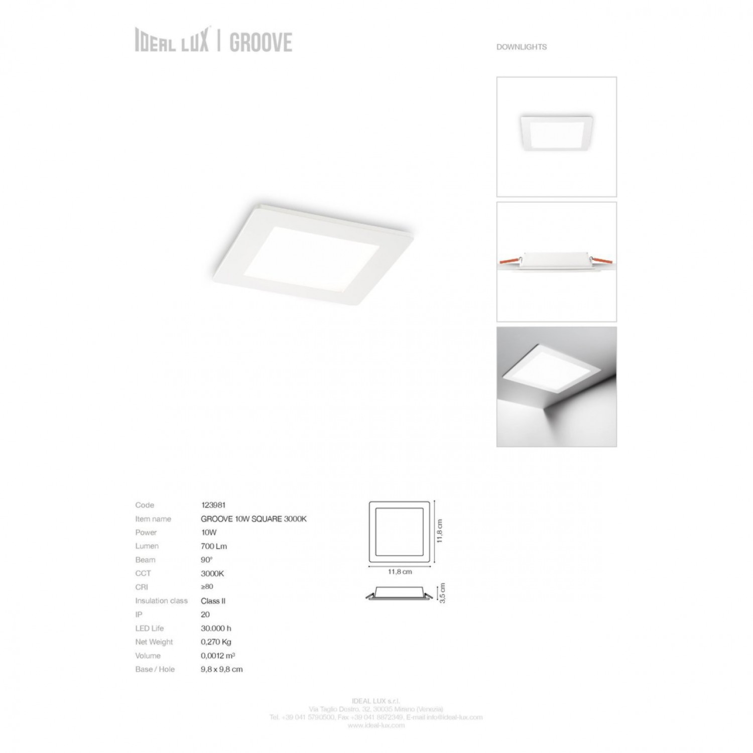 Точечный светильник Ideal Lux GROOVE 10W SQUARE 3000K 123981