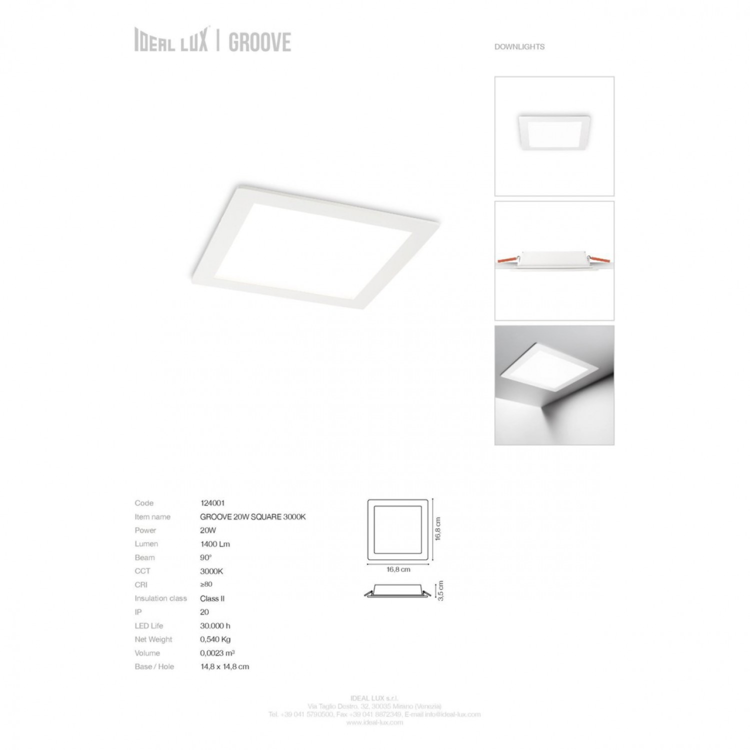Точечный светильник Ideal Lux GROOVE 20W SQUARE 3000K 124001