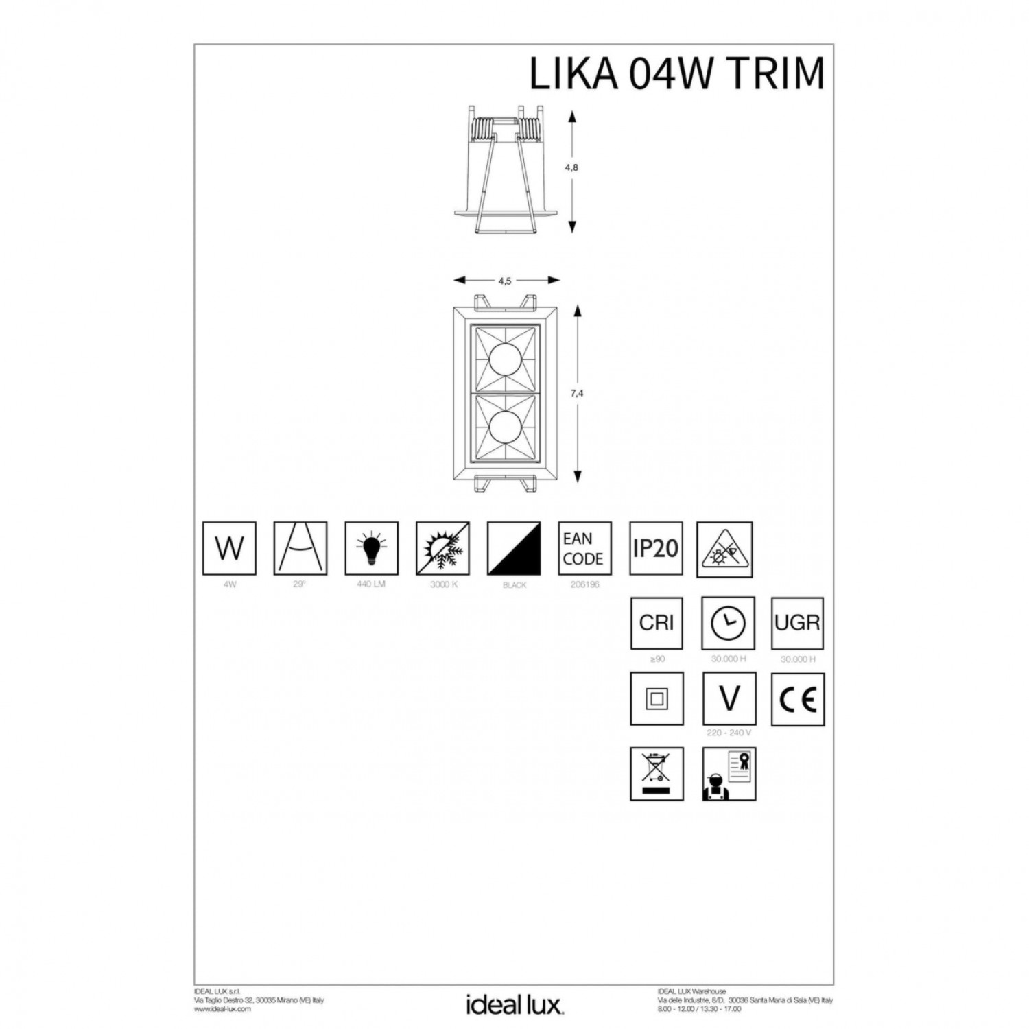 Точковий світильник Ideal Lux LIKA 04W TRIM 206196