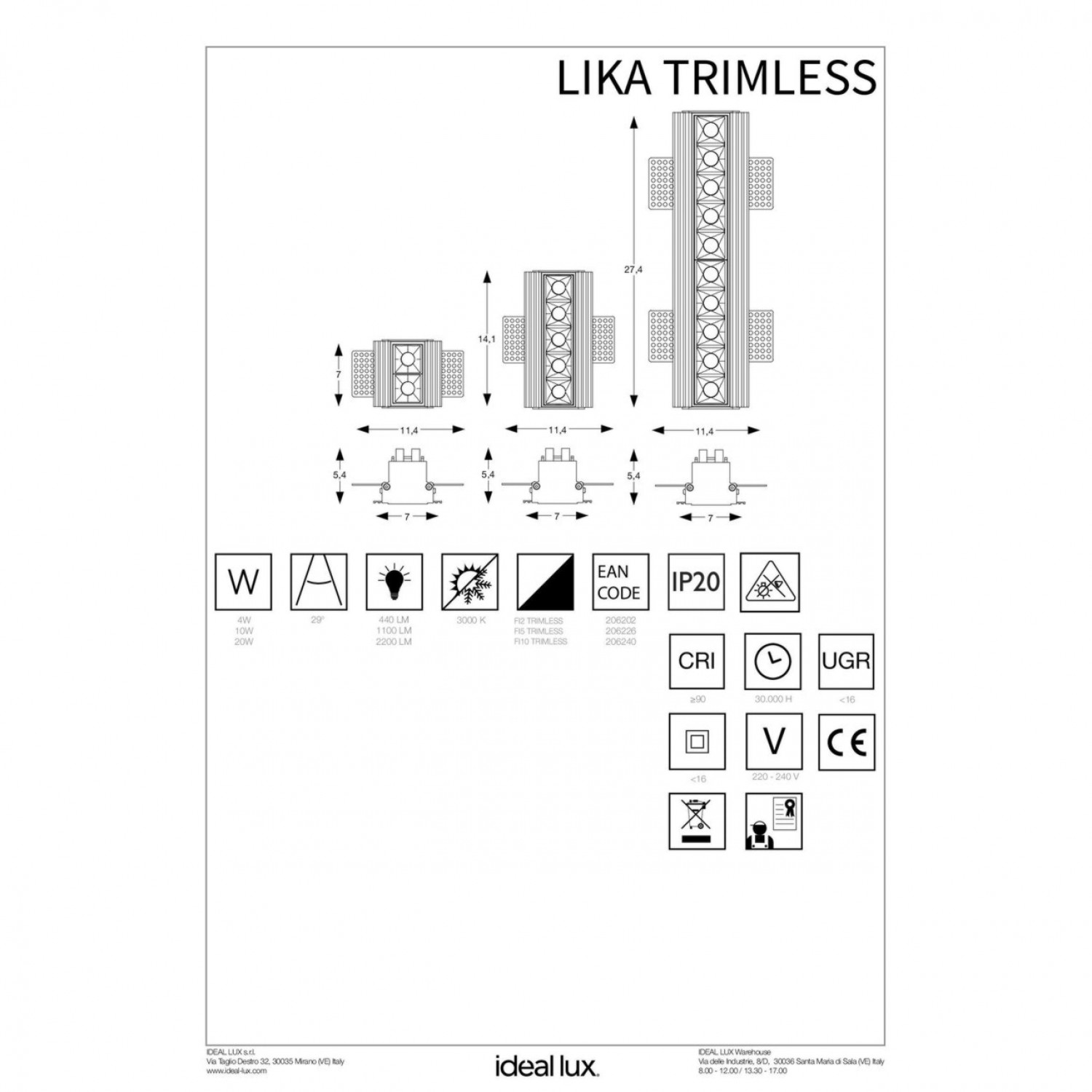 Точковий світильник Ideal Lux LIKA 20W TRIMLESS 206240