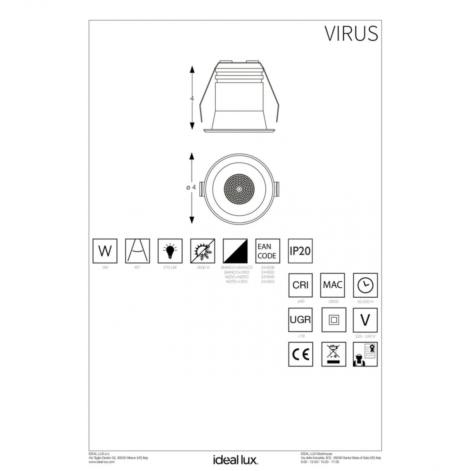 Точковий світильник Ideal Lux VIRUS WH GD 244822