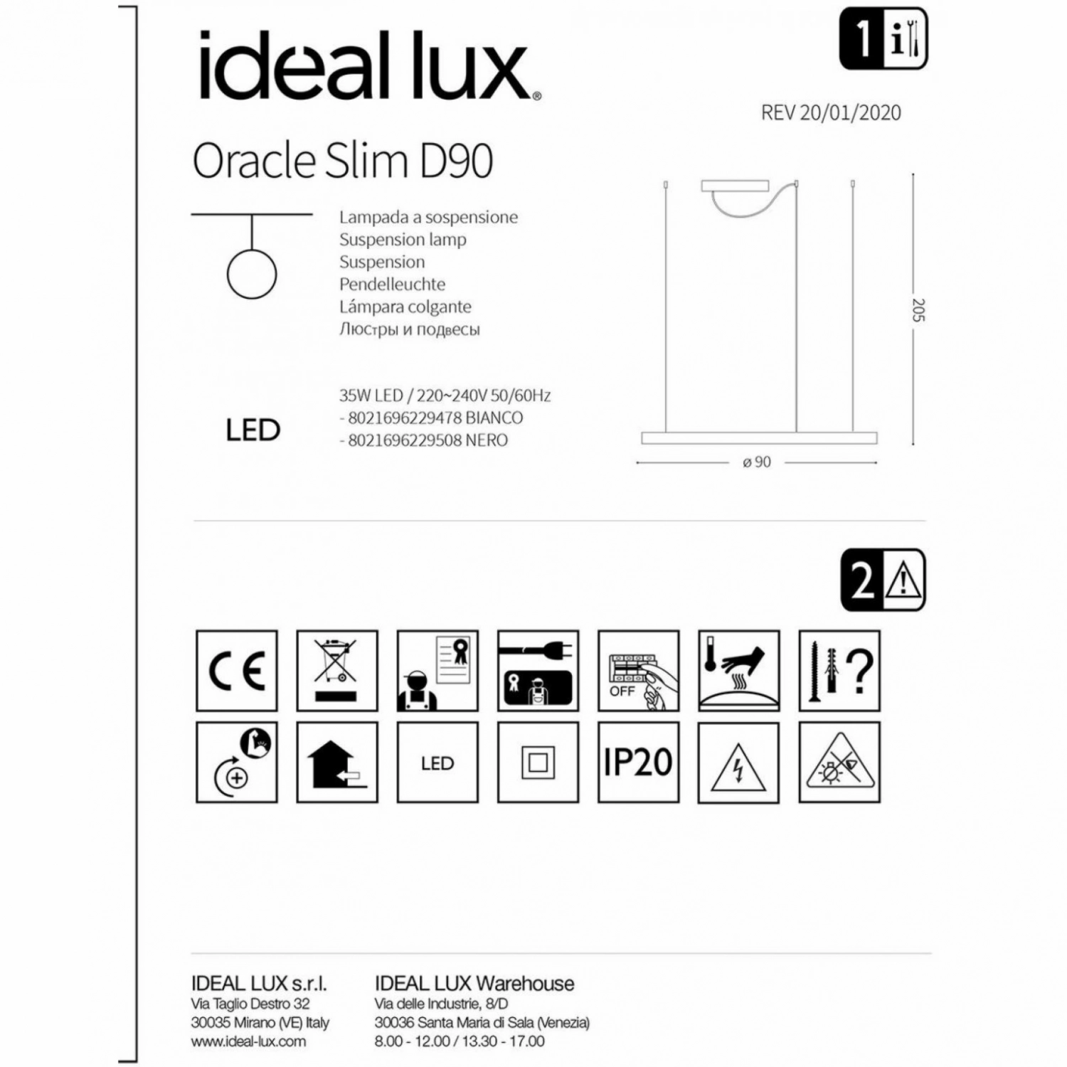Люстра Ideal Lux ORACLE SLIM D90 BIANCO 229478
